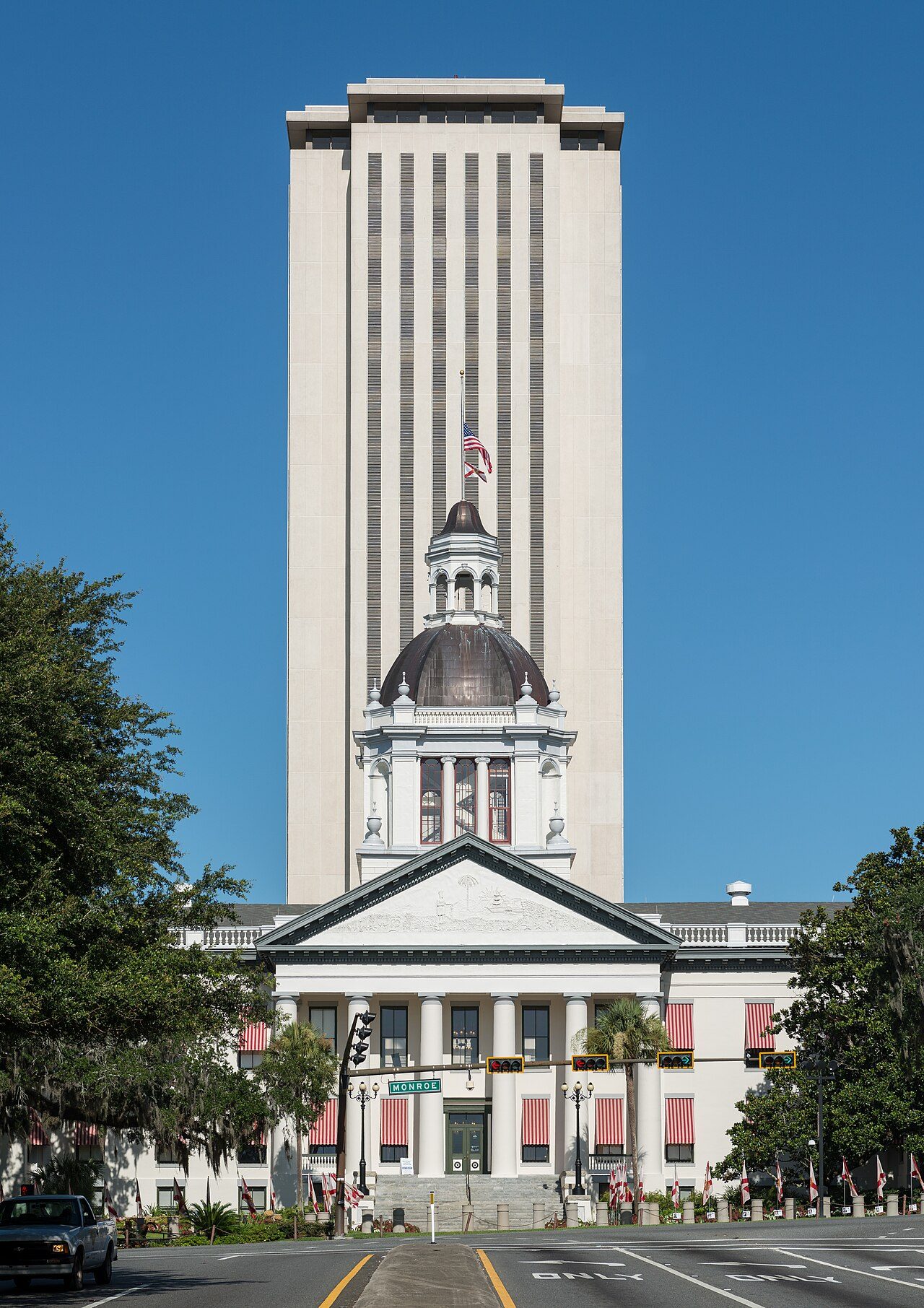 Florida State Capitol in Tallahassee — the historic 1845 capitol in front of the 1977 capitol tower