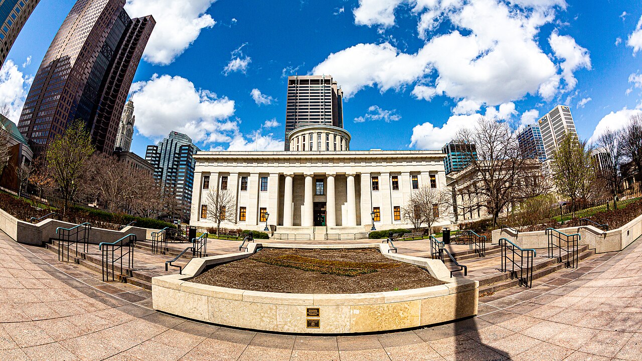 The Ohio Statehouse seen from State Street in downtown Columbus, Ohio